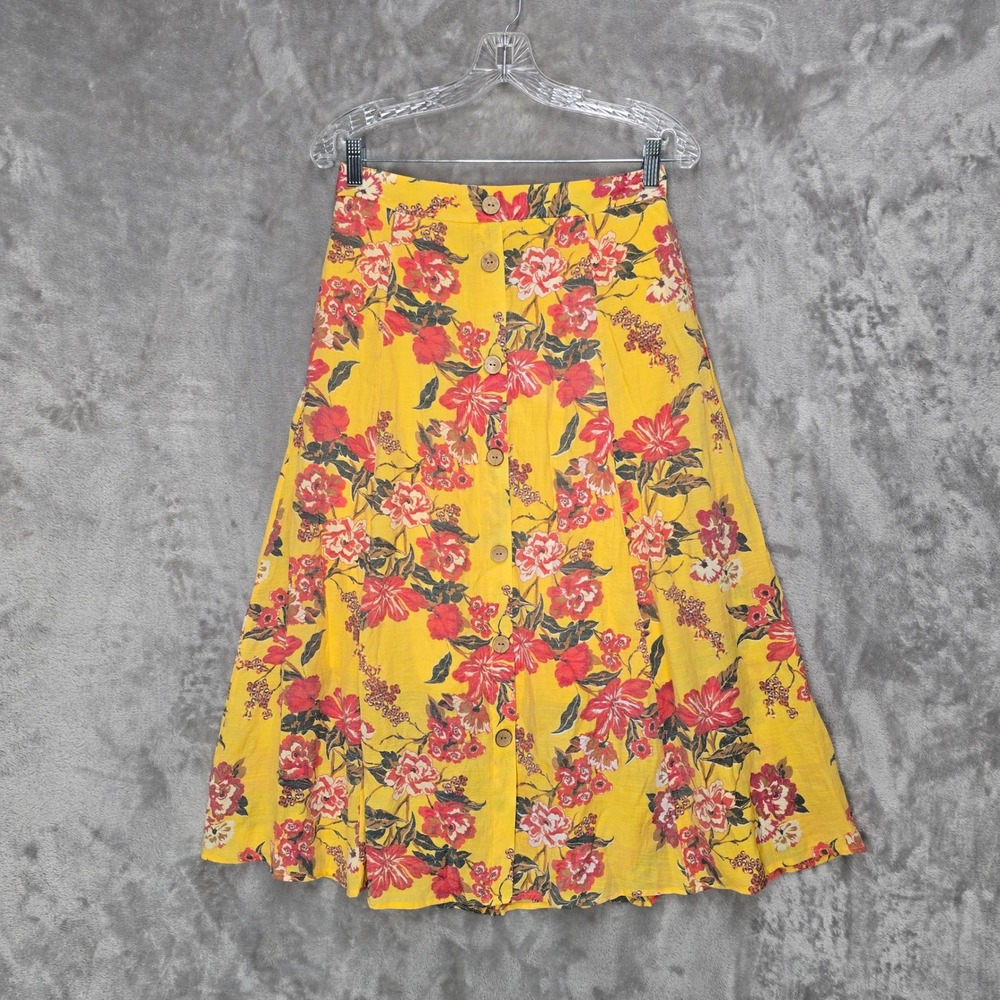 Mlle Gabrielle Yellow Floral Button Front Midi‎ Skirt Women Cottagecore Boho M